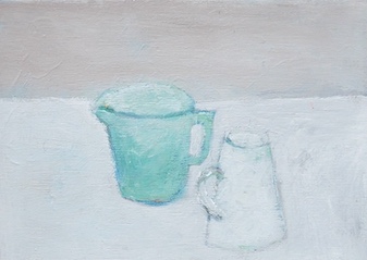 Hugo Lines, Modern British, acrylic on board, still life of two jugs titled Tuesday, mounted and signed in pencil ‘Tuesday HL’, 12.5 x 17.5cm. Condition - good